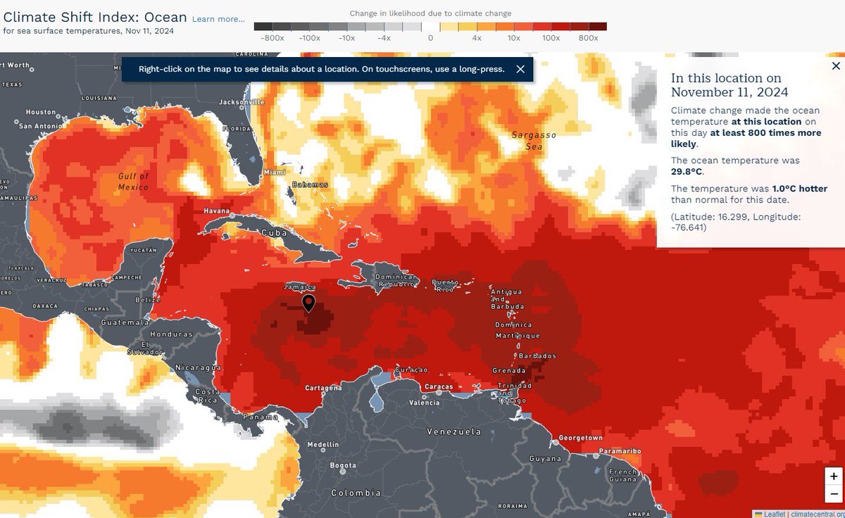 Water in the Caribbean where #Sara is forming is 2-3 degrees F above normal. While this may not seem like much, to warm tropical water by this amount requires tons of excess heat.
Ocean Climate Shift Index says climate change made the heat intensity hundreds of times more likely.
