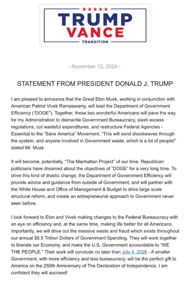 DoniTheMisfit's tweet photo. History has a way of repeating itself, especially when it comes to government expansion. 

The promise of “efficiency” and “reform” often masks new federal power grabs, regardless of the administration in charge. 

Despite the rhetoric, the Trump-Vivek-Elon team’s plan to establish a Department of Government Efficiency (DOGE) echoes a familiar pattern—one where propaganda is used to sway the public, yet the result is always more government, not less.

Consider the Department of Homeland Security (DHS). Created in the wake of 9/11 to centralize and improve national security, DHS quickly expanded into a sprawling bureaucracy, incorporating agencies like TSA and ICE.

Rather than streamlining processes, DHS added layers of red tape and became notorious for inefficiency and overreach, intruding on citizens’ privacy and state sovereignty. The promise of “security” quickly became an excuse for more centralized control.

The Environmental Protection Agency (EPA) tells a similar story. Established under the guise of addressing pollution, the EPA grew into a regulatory giant, wielding power over businesses, agriculture, and land use. In the name of environmental protection, the EPA has frequently overstepped its bounds, imposing burdensome regulations that undermine property rights and stifle economic freedom. 

What began with the promise of "cleaner air and water" turned into an agency often criticized for excessive interference in areas best managed locally.

The Department of Education, too, was introduced with assurances of improving education nationwide. 

Yet, federal control has brought more bureaucracy and top-down mandates, often at odds with the specific needs of states and local communities. 

Rather than achieving its goals, federal oversight in education has complicated reform efforts and contributed to stagnation, with little to show for the billions spent.

The USDA and its sub-agency, the Animal and Plant Health Inspection Service (APHIS), also highlight how a department intended to support agriculture and rural development has become a vehicle for invasive federal control. 

Originally tasked with assisting farmers, the USDA has expanded to regulate every aspect of agriculture, often prioritizing corporate interests over small farmers. 

APHIS, created to protect animal and plant health, has come under fire for overreaching into private farms, imposing regulations that hinder small-scale farmers and breeders. 

Under the guise of “protecting” health, these agencies often restrict individual property rights and economic freedom, enforcing regulations that serve bureaucratic interests over the needs of the people they claim to help.

The IRS, legitimized by the 16th Amendment, is infamous for its invasive methods, which infringe on privacy and individual rights. Rather than making taxation simpler or more efficient, the IRS has become a symbol of government overreach, extending its reach into every corner of citizens' financial lives. 

Despite promises to bring in revenue fairly, the agency often exemplifies the kind of government intrusion that limits freedom and personal autonomy.

Creating a Department of Government Efficiency risks repeating these same mistakes. History has shown that new departments, no matter how much propaganda is used to gain public approval, tend to grow unchecked, increasing inefficiency and restricting individual liberty. 

Each new agency brings more budget, more bureaucracy, and more power concentrated at the federal level. 

True reform comes not from adding more layers of oversight but from rolling back federal reach, allowing individuals and localities to make decisions free from federal interference.

If Trump, Vivek, and Elon truly want to reduce government, the answer lies in cutting down bureaucracy, not creating new departments that will eventually grow into yet another arm of centralized power. 

Expanding government under the guise of dismantling it perpetuates a cycle of control that erodes freedom. 

True efficiency and accountability come not from new agencies but from empowering people and reducing federal control—proving once again that the rhetoric of “efficiency” often masks the expansion of government itself.

Any other agencies you all would like to include or expand on the ones listed?