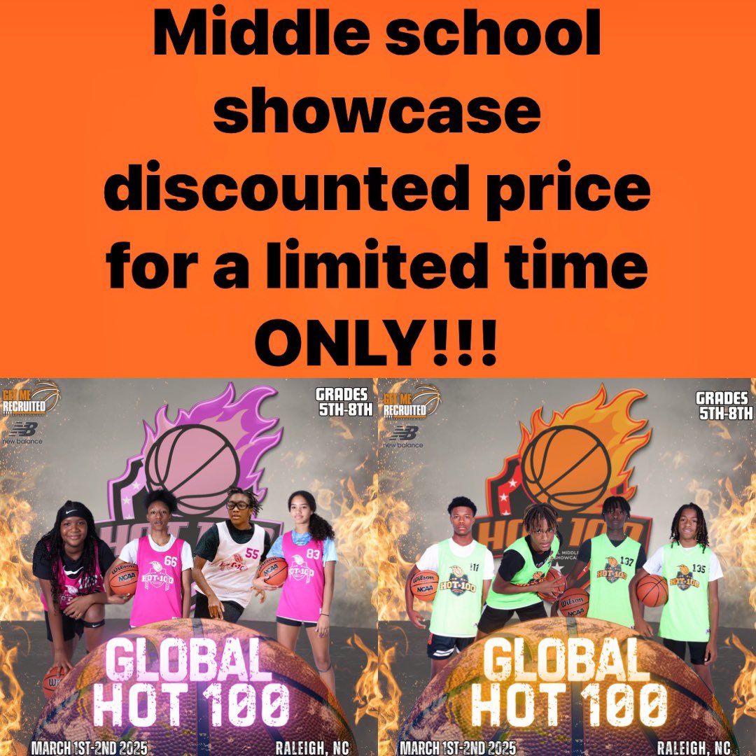 LIMITED TIME ONLY!!! 
The Global Hot 100 Middle School Showcase registration early bird discount is available now BUT it won’t last long!!!
Don’t miss your chance to save money and register today at GetMeRecruited.com