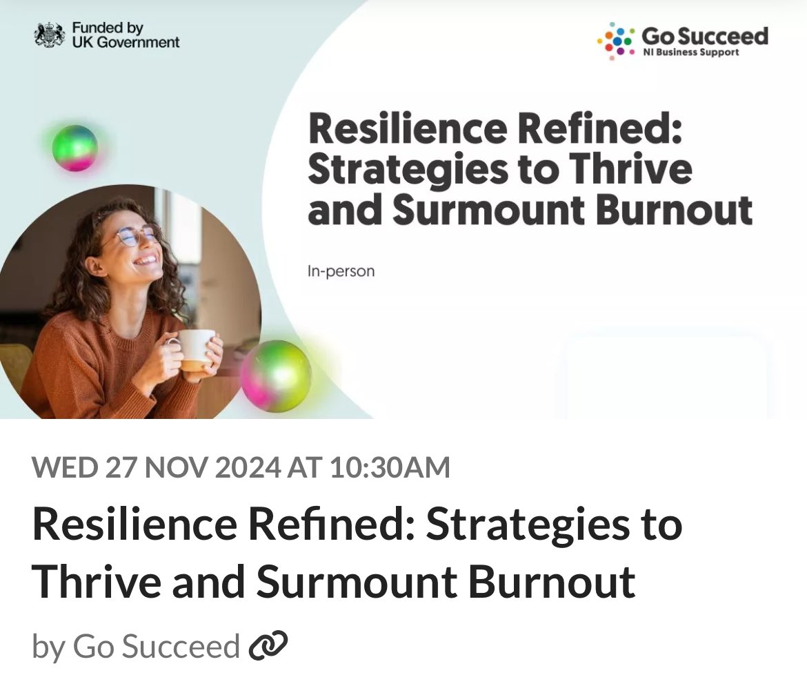 Belinda O'Neill (@beloneill) on Twitter photo “Managing yourself as an Entrepreneur”
As key people in our business we need to look after ourselves
Join me on:
🗓️Wednesday 27th November
📍in Space NI, Antrim,
🕥10:30-12:30
For this free workshop brought to you by <a href="/gosucceed_ni/">Go Succeed NI</a> & <a href="/EnterpriseNI/">Enterprise NI</a>
🔗glistrr.com/events/e/resil… “Managing yourself as an Entrepreneur”
As key people in our business we need to look after ourselves
Join me on:
🗓️Wednesday 27th November
📍in Space NI, Antrim,
🕥10:30-12:30
For this free workshop brought to you by <a href="/gosucceed_ni/">Go Succeed NI</a> & <a href="/EnterpriseNI/">Enterprise NI</a>
🔗glistrr.com/events/e/resil…