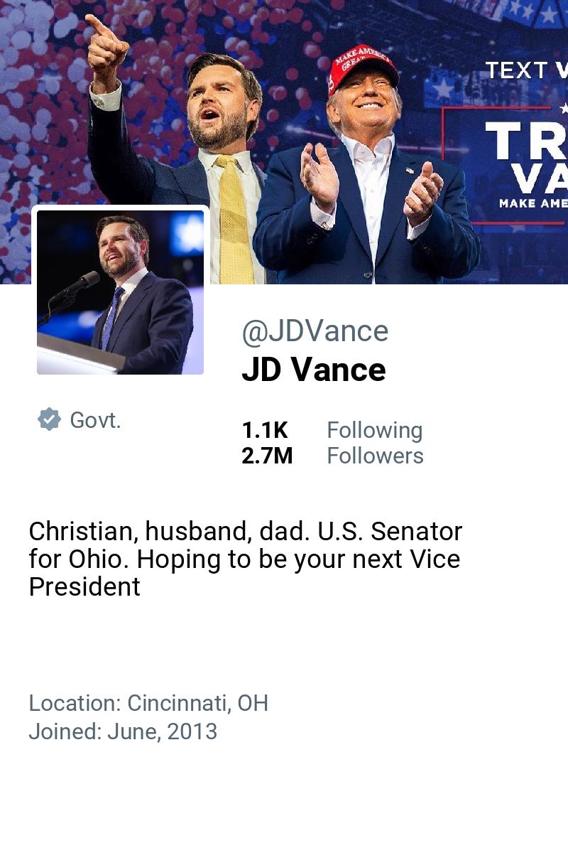 USPoliticsAlert's tweet photo. 🆕 @jdvance has started following @captivedreamer7 https://t.co/jukwjPp915