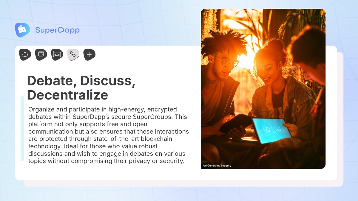 SuperDappAI's tweet image. Share ideas and grow your community with #SuperGroups 🌐

Where privacy meets open communication, enabling people to connect globally and shape the dialogue on their own terms, free from compromise. 

Join Web.SuperDapp.ai today and explore endless possibilities! 🚀
