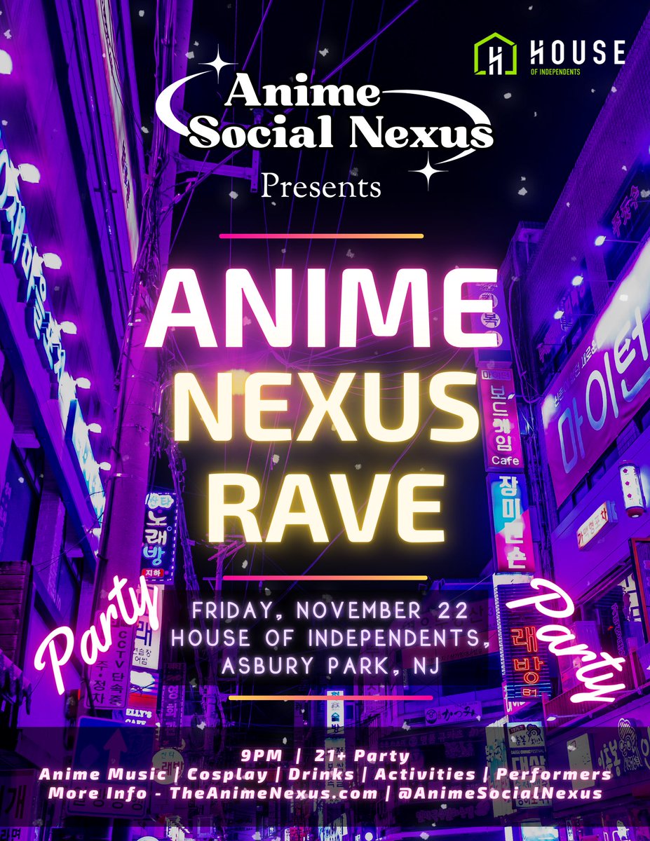Our friends at @animesocialnexus are hosting the 1st anime rave in NJ at @houseofindependents in Asbury Park on Friday November 22nd!

Get your early bird tickets this week since it closes in 5 days‼️

🎟️The ticket link is in our bio!

#animesocialnexus #nj #njanime #njevents