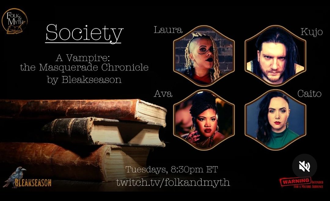 In two and a half hours, i have the pleasure to play some VTM with some lovely folks on <a href="/FolkandMyth/">Folk & Myth</a> 
Come join us for some school based shenanigans at 8:30pm est