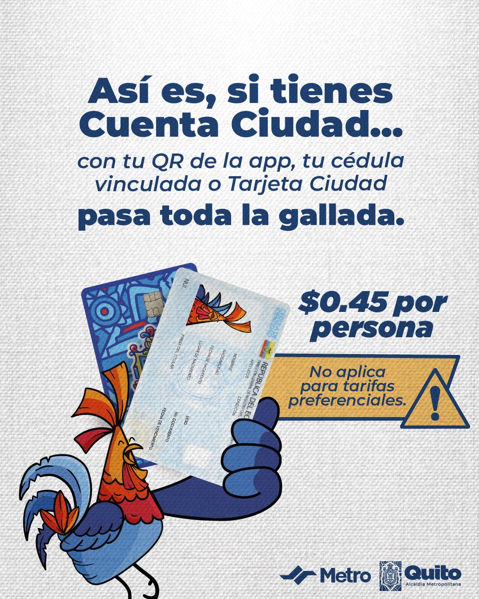 MetrodeQuito's tweet photo. 🚇 #MetroContigo | ¡Leímos tus sugerencias y lo hicimos posible! Los panas son de verdad te sacan de apuros 👯‍♂ y te evitan la fila! Usa el QR de la APP del Metro 📲, tu cédula o la Tarjeta y lleva hasta tres amigos contigo.

#QuitoRenace https://t.co/ICUzYfX1dh