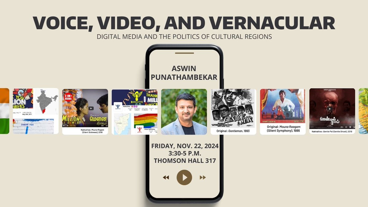 UW South Asia Center (@uwsouthasia) on Twitter photo Join us next Friday, Nov. 22 for "Voice, Video, and Vernacular" with <a href="/aswinp/">Aswin Punathambekar</a> as he explores how streaming & social media are reshaping cultural boundaries in India
3-5 p.m. | Thomson Hall 317
More details: bit.ly/Punathambekar
<a href="/UWJSIS/">UW Jackson School</a> <a href="/UWArtSci/">UW College of Arts & Sciences</a> <a href="/UW/">University of Washington</a> <a href="/UWComm/">UW Communication</a> <a href="/AnnenbergPenn/">Annenberg School</a> Join us next Friday, Nov. 22 for "Voice, Video, and Vernacular" with <a href="/aswinp/">Aswin Punathambekar</a> as he explores how streaming & social media are reshaping cultural boundaries in India
3-5 p.m. | Thomson Hall 317
More details: bit.ly/Punathambekar
<a href="/UWJSIS/">UW Jackson School</a> <a href="/UWArtSci/">UW College of Arts & Sciences</a> <a href="/UW/">University of Washington</a> <a href="/UWComm/">UW Communication</a> <a href="/AnnenbergPenn/">Annenberg School</a>