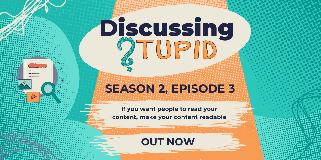 vcmonkey's tweet photo. Episode 3 of Discussing Stupid is live! Cole and I discuss why clear language is crucial for content readability and accessibility.

We also do an insightful content readability demo with https://t.co/X0w4KeR9FX!! @ReadableHQ 

Tune in to learn more! 🎙️

https://t.co/xQK4umDcWE https://t.co/Z68sc2FBHa