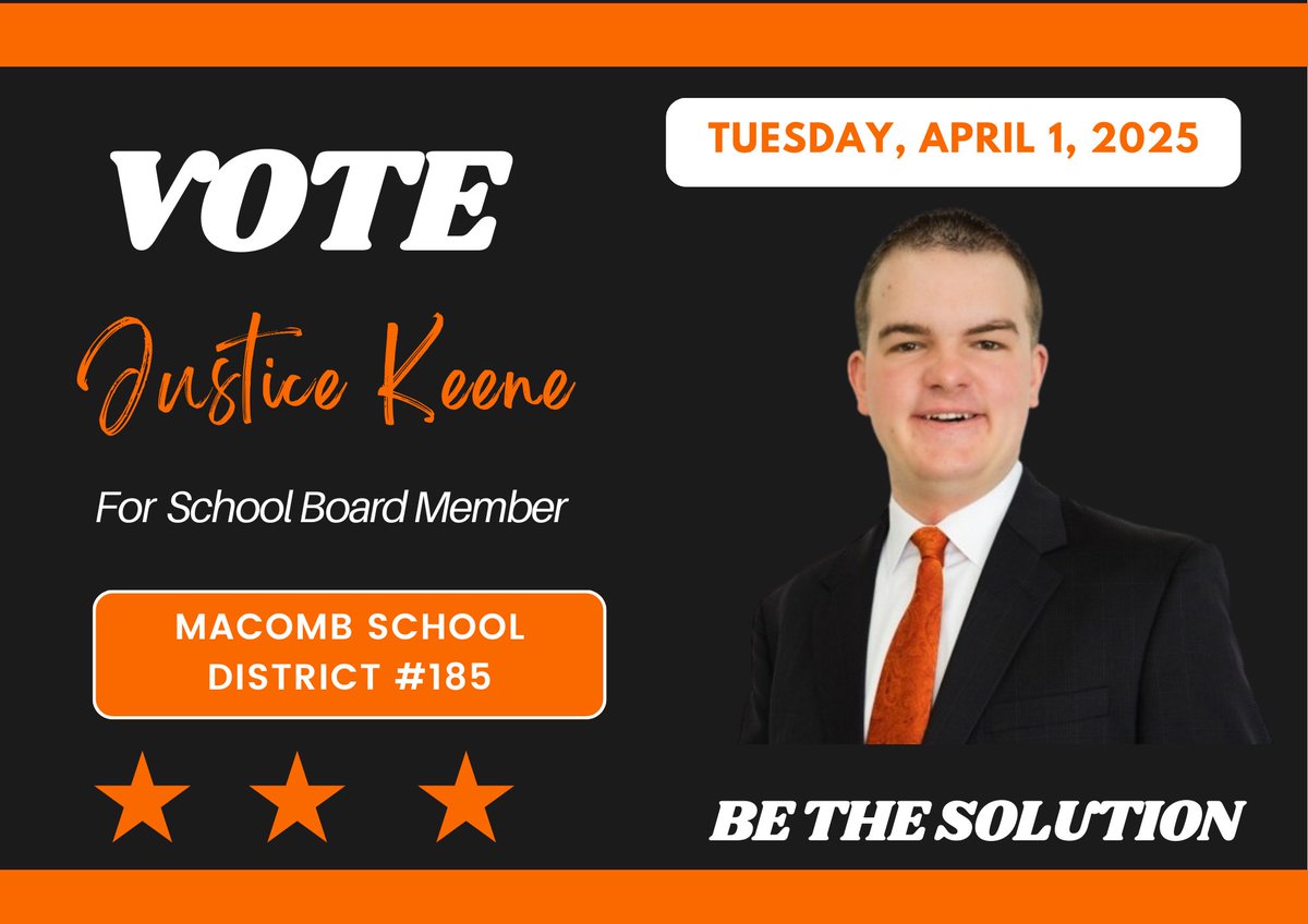 JusticeKeene1's tweet photo. Iβm excited to run for the Macomb 185 School Board. As a proud Macomb grad, I believe in the power of transparent leadership and strong community partnerships. Letβs work together to create the best for our district.
Vote #TeamKeene on April 1, 2025!
#BeTheSolution π³οΈβοΈ https://t.co/YlVRsPlrpk