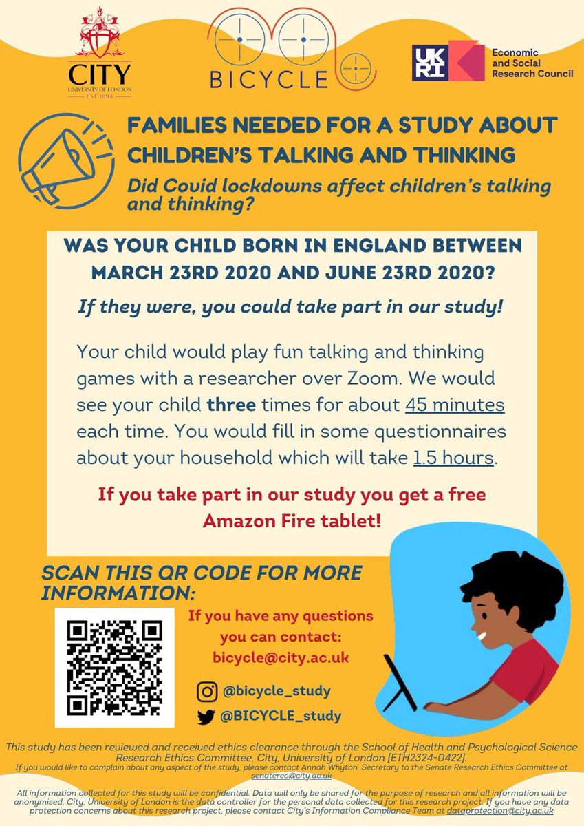 Over 120 families have now taken part! 🙏🏻 

We’re still looking for people with children born in the 1st #lockdown to help us find out about #talking &amp; #thinking skills. 

Take part from home &amp; get a free tablet 😊 

We also want to hear from #schools in #London able to help out!