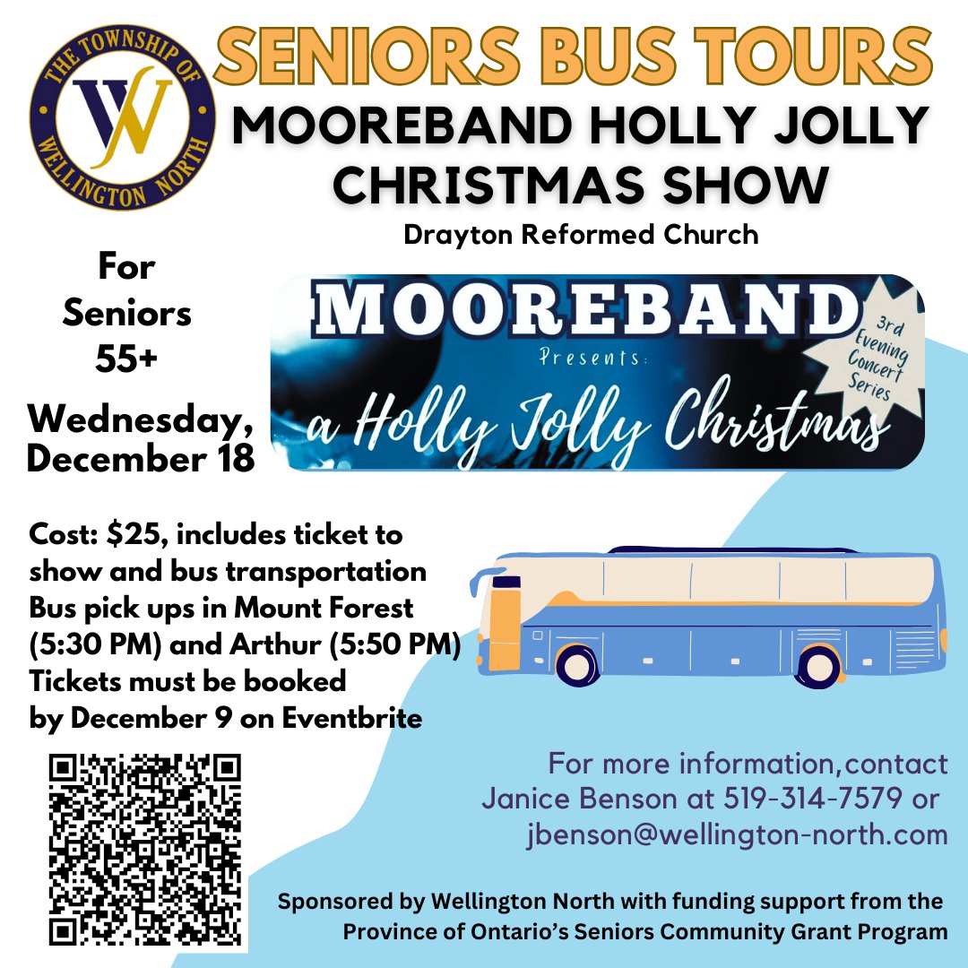 🎄 Get into the Christmas spirit! Join our seniors' bus trip to the Holly Jolly Christmas Show in Drayton on Dec. 18! 🌟
🚍 Pick-ups: Mount Forest (5:30 PM) &amp; Arthur (5:50 PM)
🎟️ Tickets: $25 (includes show ticket; bus is free!)
Call Janice at 519-314-7579 for details! 🎅