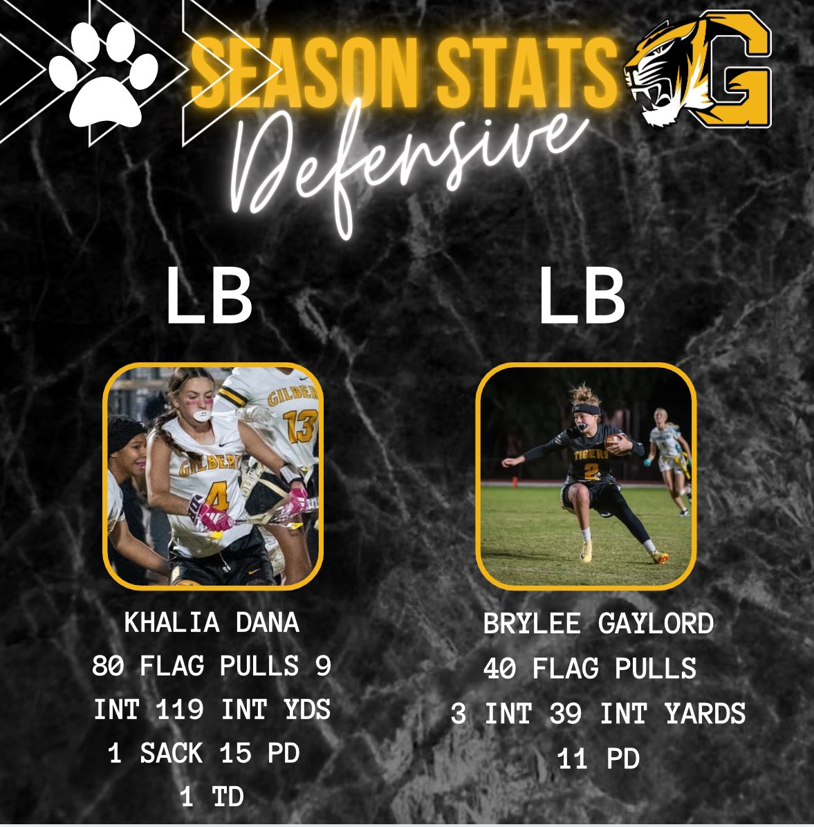 GHSladyflag's tweet photo. @Gilbert_Tigers defense really stepped up 34 int 24 sacks and allowing just over  6pts a game. 

@jas_guerrero08 the Sophomore making her case for top corner in the state.

 @Khalia_dana2025 led the way with 9 int  @AspenMcclees 6 int 
@Jalyssa_gg 7 int
 
Pressure on QB reason is a big reason 
3 rushers at  4 or more sacks including freshman Lola Seger playing part time. This year definitely was a team effort. 

#defensewins #girlswhoplay @BJMedia1 @ZachAlvira @AZSPORTSNETWORK @jacob_seliga @KevinMcCabe987