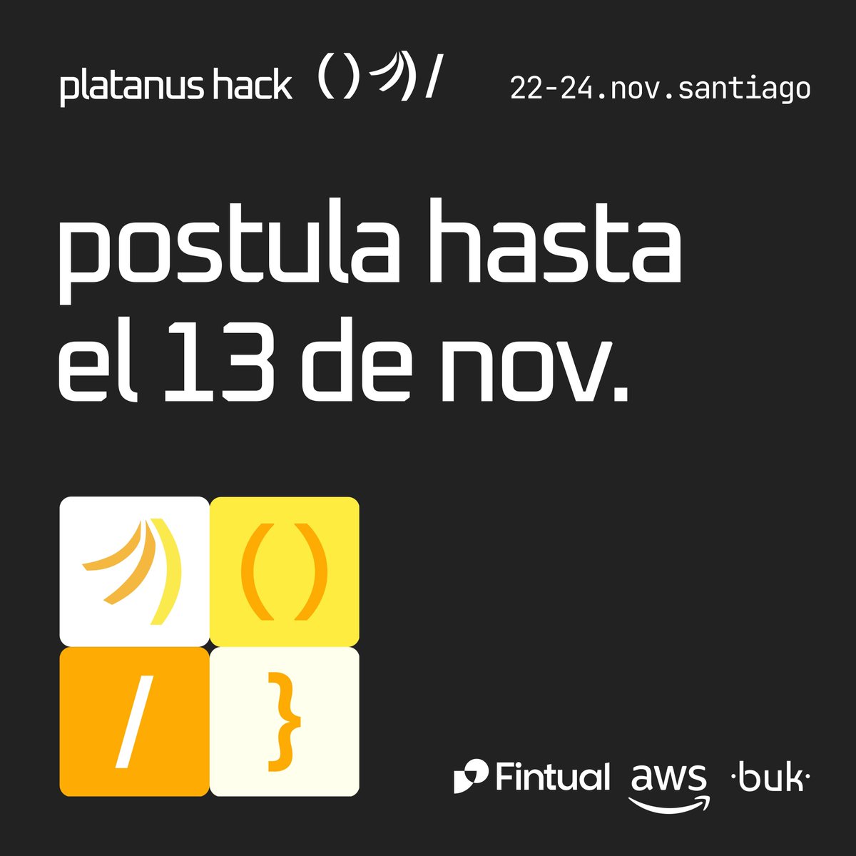 CommunityOS_'s tweet image. 🚀 Nos sumamos como partners y esperamos verlos a todos con sus equipos.🚀
⏰ Mañana ya cierran las postulaciones
Se viene Platanus Hack 🍌🧑💻. Una hackatón al estilo 🇺🇸
Postula en ---> buff.ly/48QOlvE
👀 tendremos sorteo de entradas a la jsconf.cl