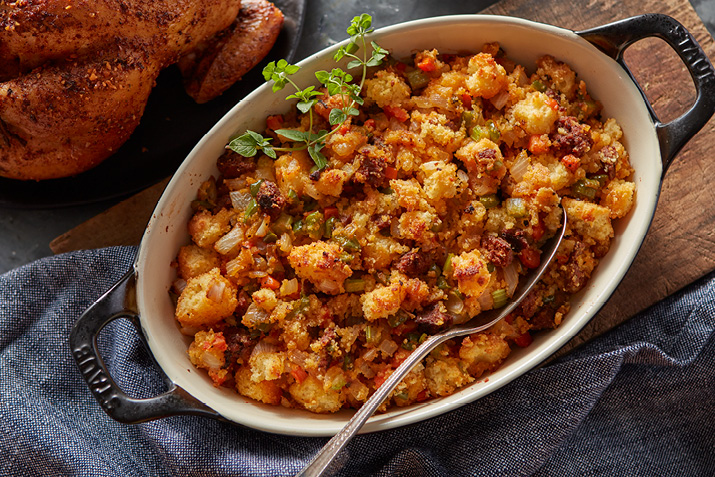 Spicy chorizo gives the whole pan a bit of heat, and there are enough vegetables to make it interesting. 
Chorizo Cornbread Stuffing
By: <a href="/coopgrocery/">Co+op</a>
grocery.coop/recipes/choriz…