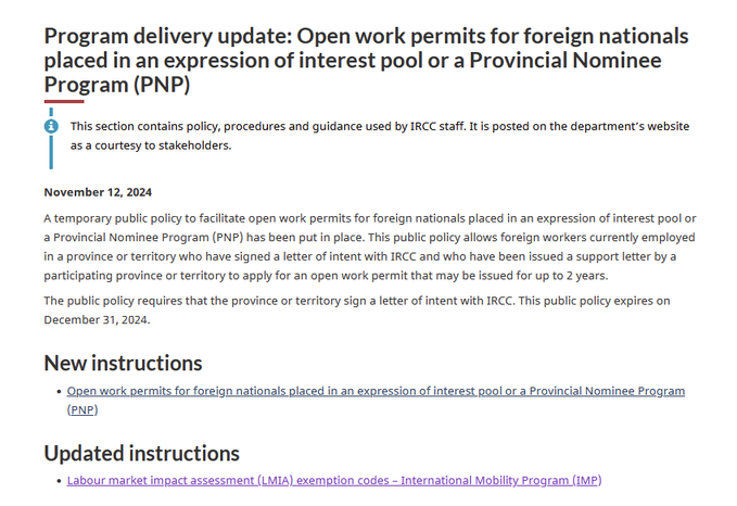 Program delivery update: Open work permits for foreign nationals placed in an expression of interest pool or a Provincial Nominee Program (PNP) AND who have a letter of support for the open work permit from the province.
canada.ca/en/immigration…