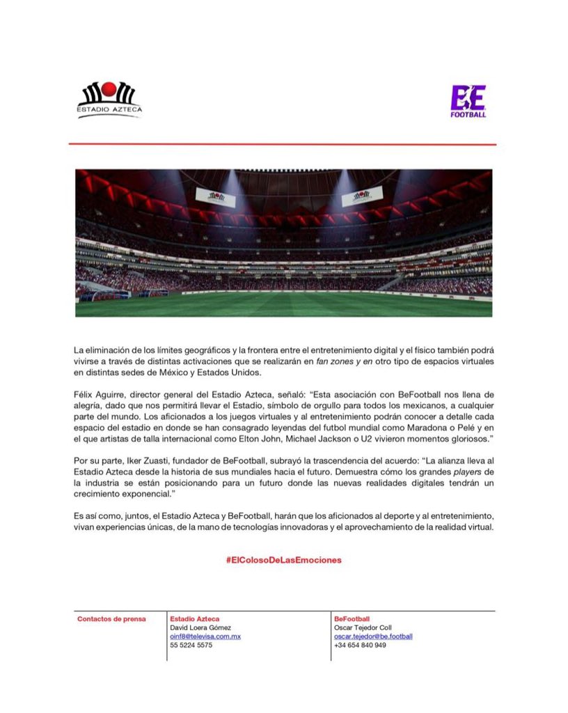 📝Comunicado Oficial: Estadio Azteca y BeFootball se asocian para transformar la experiencia futbolística con realidad virtual.