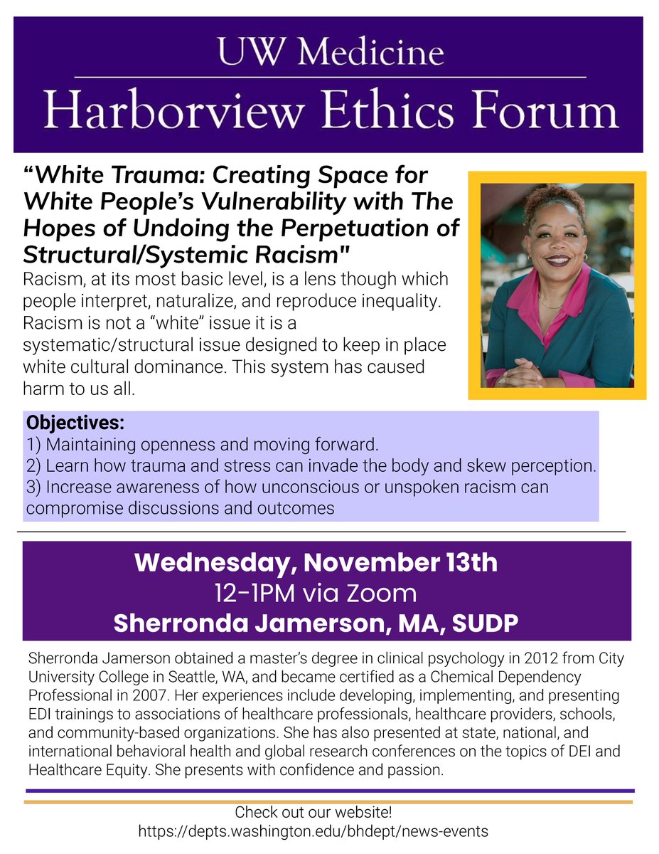 UWbioethics (@uwbioethics) on Twitter photo Our <a href="/harborviewmc/">Harborview Medical Center</a> ethics forum is back this month & happening TMRW at 12pm. Check out an incredible talk on White Supremacy/Systemic Racism by Sherronda Jamerson. More info at: depts.washington.edu/bhdept/news-ev⦠#bioethics #racism #whitetrauma #ethics #socialjustice #humanities Our <a href="/harborviewmc/">Harborview Medical Center</a> ethics forum is back this month & happening TMRW at 12pm. Check out an incredible talk on White Supremacy/Systemic Racism by Sherronda Jamerson. More info at: depts.washington.edu/bhdept/news-ev⦠#bioethics #racism #whitetrauma #ethics #socialjustice #humanities