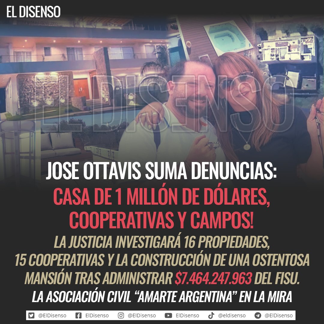 ElDisenso's tweet photo. 🚨💣#Ottavis suma denuncias: Casa de 1 millón de dólares, cooperativas y campos!😱#ElDisenso
▶️La justicia investigará 16 propiedades, 15 cooperativas y la construcción de una ostentosa mansión tras administrar $7.464.247.963 del #FISU💰
⚠️La ONG #AmarteArgentina en la mira⚠️ https://t.co/PIFtgaiWbR