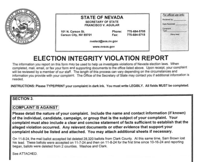 GeneralMCNews's tweet image. BREAKING: A police report has been filed as evidence shows Nevada officials allegedly deleted 26,902 ballots from their own reported mail-in ballot totals.
