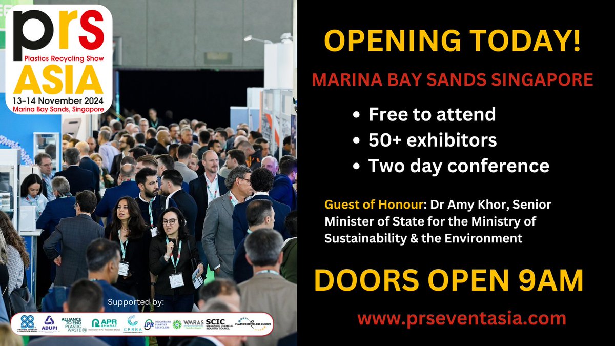 PRS_Asia's tweet photo. The first Plastics Recycling Show Asia opens today at Marina Bay Sands, Singapore! Welcome to all our exhibitors, speakers and visitors and Guest of Honour Dr Amy Khor: https://t.co/yZQTSi0TTo #PRSAsia2024 https://t.co/X94hqMxq2o