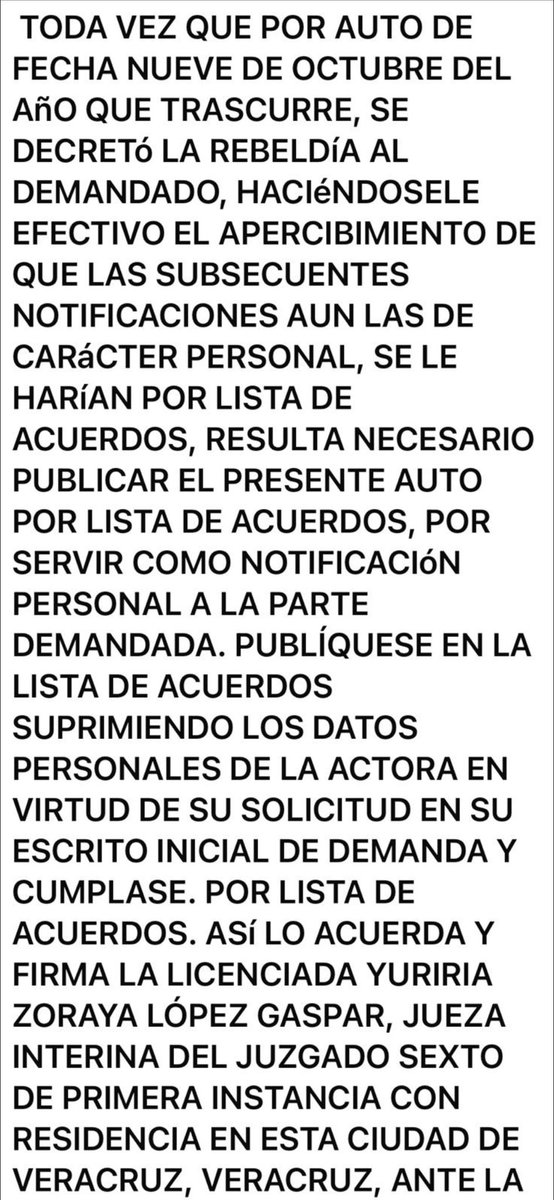 acastagne's tweet photo. Familia como lo prometí los mantengo informados.

La señora de Zacatecas @rocionahle cumplió su primer amenaza, fiel a su ADN de MORENA y la 4T haciéndolo sucio y amañado. Les comento al seguir recibiendo amenazas solicité a mi abogado investigara si tenía alguna demanda y el día de hoy se apersonó en el juzgado sexto de primera instancia con residencia en la ciudad judicial de Cardel, Ver. encontrando una demanda en mi contra la cual jamás fue notificada en mi domicilio, dicha notificación llamadas de escritorio abre la puerta a delitos como el procesal y en su momento por la vía civil a una nulidad de juicio concluido.

Este juicio se encuentra radicado en el juzgado sexto de primera instancia en la Ciudad de Veracruz iniciado desde el mes de Mayo, repito jamás fui notificado, además como se darán cuenta en las copias que publicaré están violando el secreto bancario, mis derechos humanos dejándome en una indefensión total pues ya que al no presentarme (Po no haber sido notificado) me tienen el rebeldía y por obviedad vencieron los plazos fijados por el juzgado.

La señora @rocionahle documenta 255 capturas de pantalla de mi perfil @acastagne en la red X publicadas entre el 18 de Febrero al 08 de Julio de 2024 e interpone la denuncia, también por las entrevistas realizadas por los periodistas @lopezdoriga @beltrandelrio @GOrtegaRuiz @azucenau @CarlosLoret su queja básicamente es por llamarle Zacatecana, decir que la quejosa violaba la Constitución de Veracruz al ser candidata no siendo nacida en el estado de Veracruz y por señalar sus propiedades y mansiones.

Solicito a la señora @rocionahle muestre pruebas de que fui notificado, no omito mencionar que todo lo que mencioné y publiqué es verdad como lo acredite con las pruebas necesarias en mis denuncias ante la @FGRMexico y la @FGE_Veracruz .

Importante leer todos los datos que la señora está solicitando de mi persona en la demanda, violando todas mis garantías y derechos.

“YO NO MIENTO”