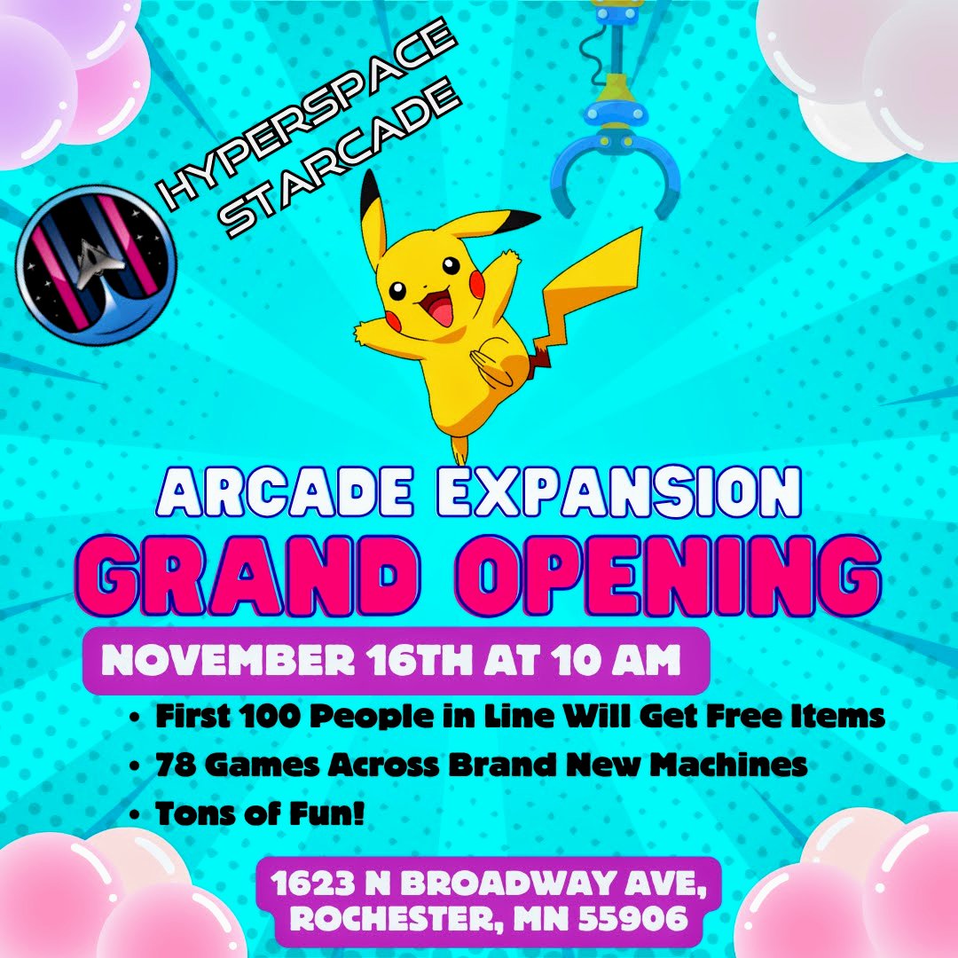 HSpaceStarcade's tweet photo. 🚀 HyperSpace Starcade is expanding! Join us for our first arcade Grand Opening on Nov 16th at 10 AM! First 100 people get free items! 78 games, tons of fun—don’t miss it! 📍1623 N Broadway Ave 
#HyperSpaceStarcade #GrandOpening https://t.co/boOupBjqeO