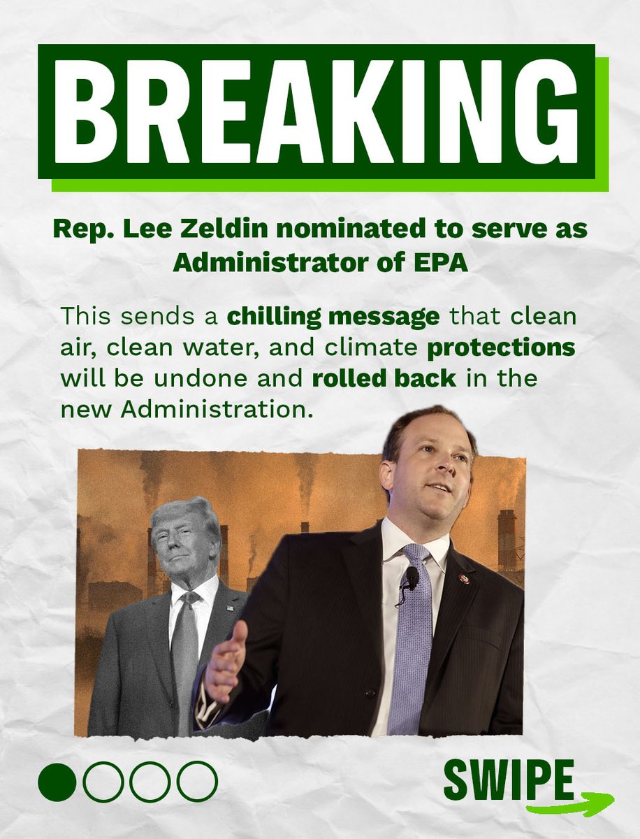 greenpeaceusa's tweet photo. Rep. Lee Zeldin’s nomination to serve as Administrator of the Environmental Protection Agency sends a chilling message that clean air, clean water, and climate protections will be undone and rolled back in the new Administration.

Read our full statement: https://t.co/hY8zsO0fsC https://t.co/fRQLviL2Ga