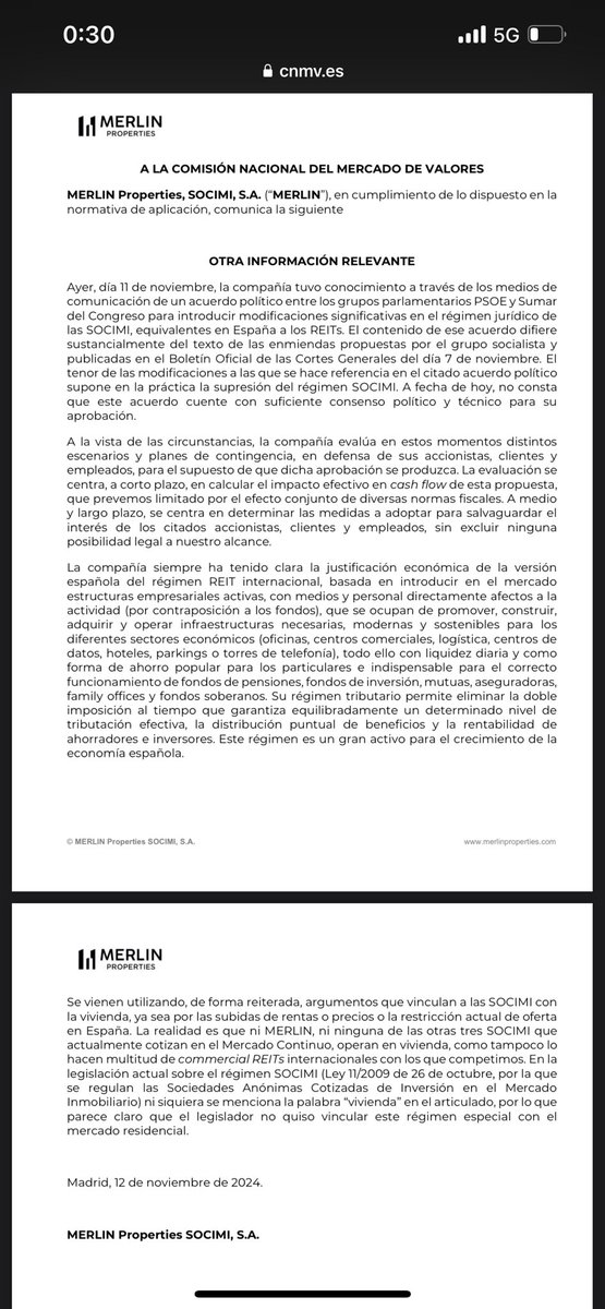 Jlfresneda's tweet photo. 🚨Última hora! Publicación de #Merlin en la CNMV. 
Sentido común en estado puro en contra de la politización. #Socimi https://t.co/ielTmZ1OTG