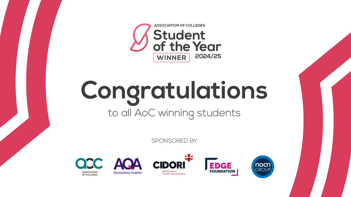This evening we announced the winners of the AoC Student of the Year Awards 2024/25, which celebrate exceptional students from colleges across the country. #AoCStudentAwards #AoCConf2024

Find out more about the deserving winners: aoc.co.uk/news-campaigns…