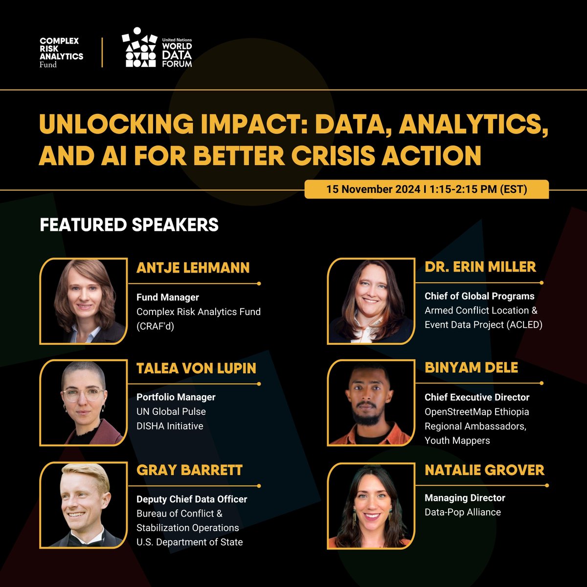 Complex Risk Analytics Fund (@crafddata) on Twitter photo 🚀5th #UNDataForum: The Future of Crisis Response is NOW!
Don't miss our expert panel from CRAF'd, <a href="/ACLEDINFO/">ACLED</a>, <a href="/UNGlobalPulse/">UN Global Pulse</a>, <a href="/OSM_Ethiopia/">OSM Ethiopia</a>, <a href="/StateDept/">Department of State</a> & more.
📅 Nov 15th 🕐 1:15 PM ET 📍Medellín
What are YOU most excited to learn? 🚀5th #UNDataForum: The Future of Crisis Response is NOW!
Don't miss our expert panel from CRAF'd, <a href="/ACLEDINFO/">ACLED</a>, <a href="/UNGlobalPulse/">UN Global Pulse</a>, <a href="/OSM_Ethiopia/">OSM Ethiopia</a>, <a href="/StateDept/">Department of State</a> & more.
📅 Nov 15th 🕐 1:15 PM ET 📍Medellín
What are YOU most excited to learn?