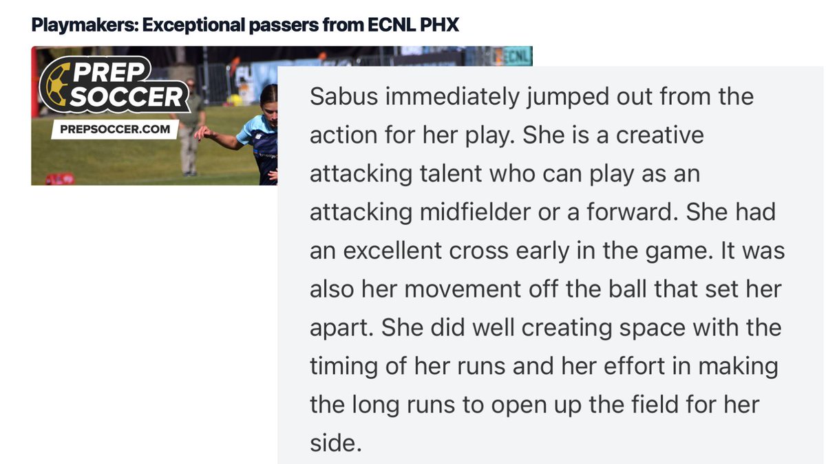 Lauren Sabus (@laurensabus_15) on Twitter photo Thank you <a href="/PrepSoccer/">Prep Soccer โฝ๏ธ</a> for the shout out from this weekend's PHX showcase!
<a href="/ImYouthSoccer/">ECNL/GA/Recruiting/College Soccer</a> <a href="/ImCollegeSoccer/">College Soccer Truth โข</a> Thank you <a href="/PrepSoccer/">Prep Soccer โฝ๏ธ</a> for the shout out from this weekend's PHX showcase!
<a href="/ImYouthSoccer/">ECNL/GA/Recruiting/College Soccer</a> <a href="/ImCollegeSoccer/">College Soccer Truth โข</a>