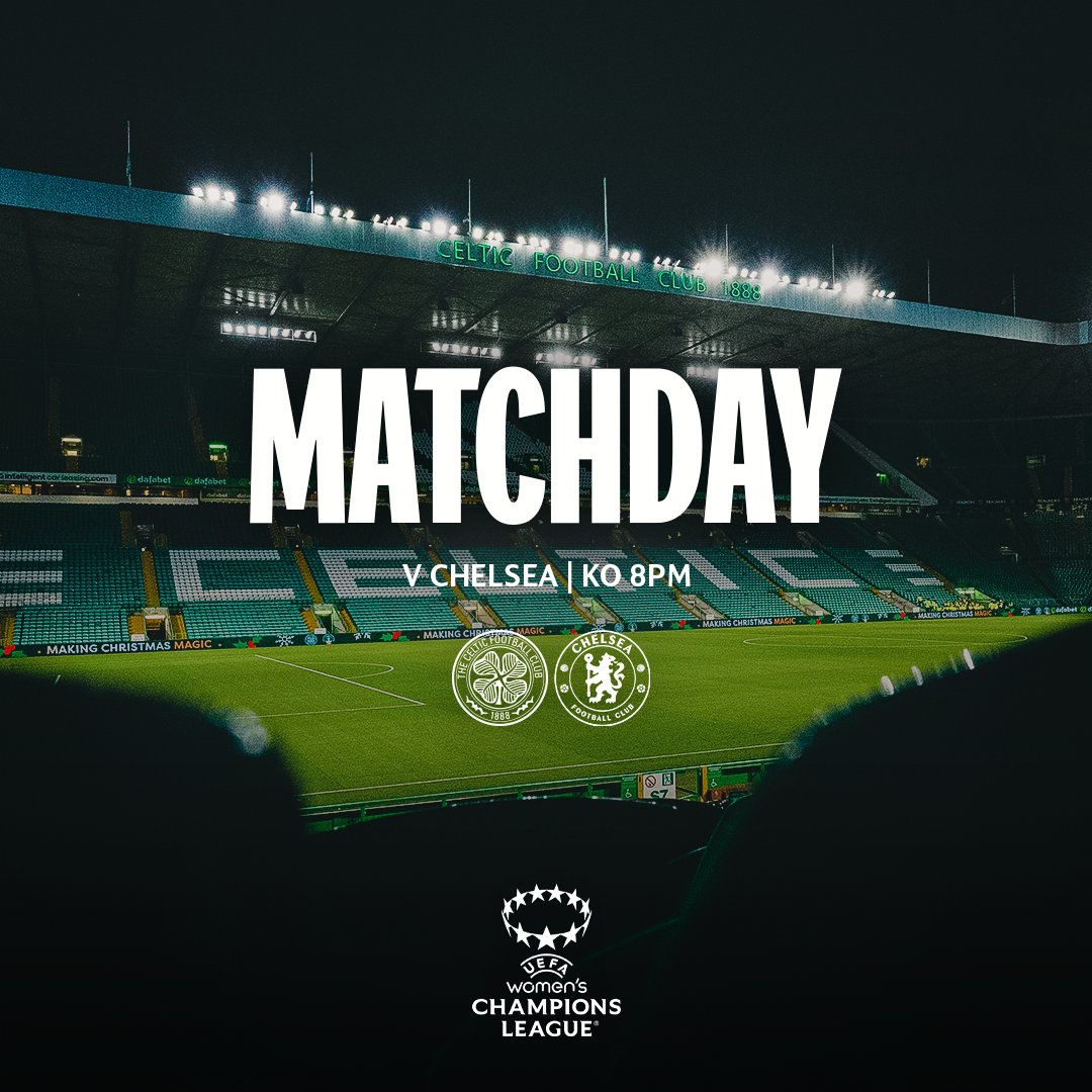 🟢⚪️ Celtic Park awaits 🤩💫

🆚 Chelsea
🏆 <a href="/UWCL/">UEFA Women’s Champions League</a> 
⌚️ 8pm
📍 Celtic Park
📻 Live audio on <a href="/CelticTV/">Celtic TV</a>
📺 Live on <a href="/footballontnt/">Football on TNT Sports</a> &amp; <a href="/DAZNWFootball/">DAZN Women's Football</a> 
🎟️ Buy tickets online | eticketing.co.uk/celtic/

#CelticChelsea | #UWCL | #CelticFC🍀