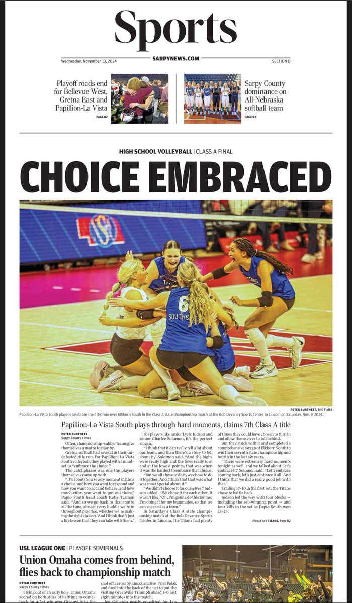 Preview of the sports section in tomorrow’s <a href="/sarpytimes/">Sarpy County Times</a> 📰 

<a href="/PLSouthTitanVb/">Papio South Titan Volleyball</a> 🏆 + <a href="/Union_Omaha/">Union Omaha</a>