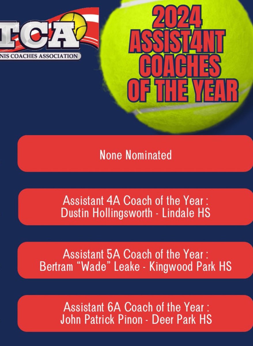 TXHSTennisCoach's tweet image. Congratulations to K-Park Assistant Tennis Coach Wade Leake for his selection as the 2024 TTCA Assistant Tennis Coach of the Year for the state of Texas in 5A.  He is amazing assistant coach who is always willing to help anybody that needs it. @Athletics_Jana @HumbleISD_Ath