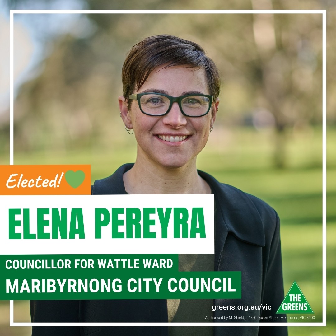 🎉 BREAKING: Elena Pereyra elected to Maribyrnong City Council!

Elena is committed to sustainable community-focused development, affordable housing and living, green and flourishing active neighbourhoods, and a thriving arts and culture scene.

Congrats Elena!