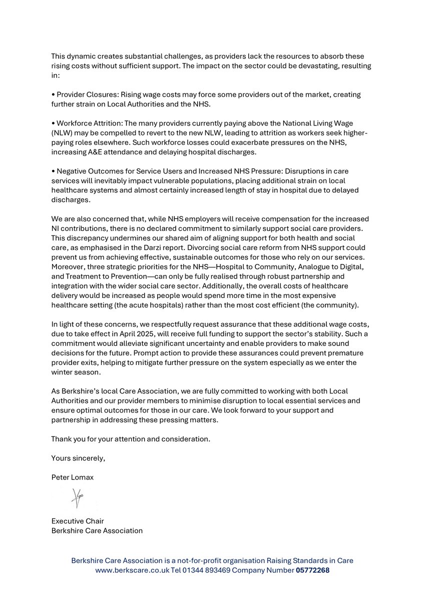 BCA have written to Wes Streeting, SoS for Health and Social Care, in response to the budget which will have a significant impact on Adult Social Care
Our newsletter, with details of how care providers can make their voices heard can be found here: conta.cc/4fnUC4k
