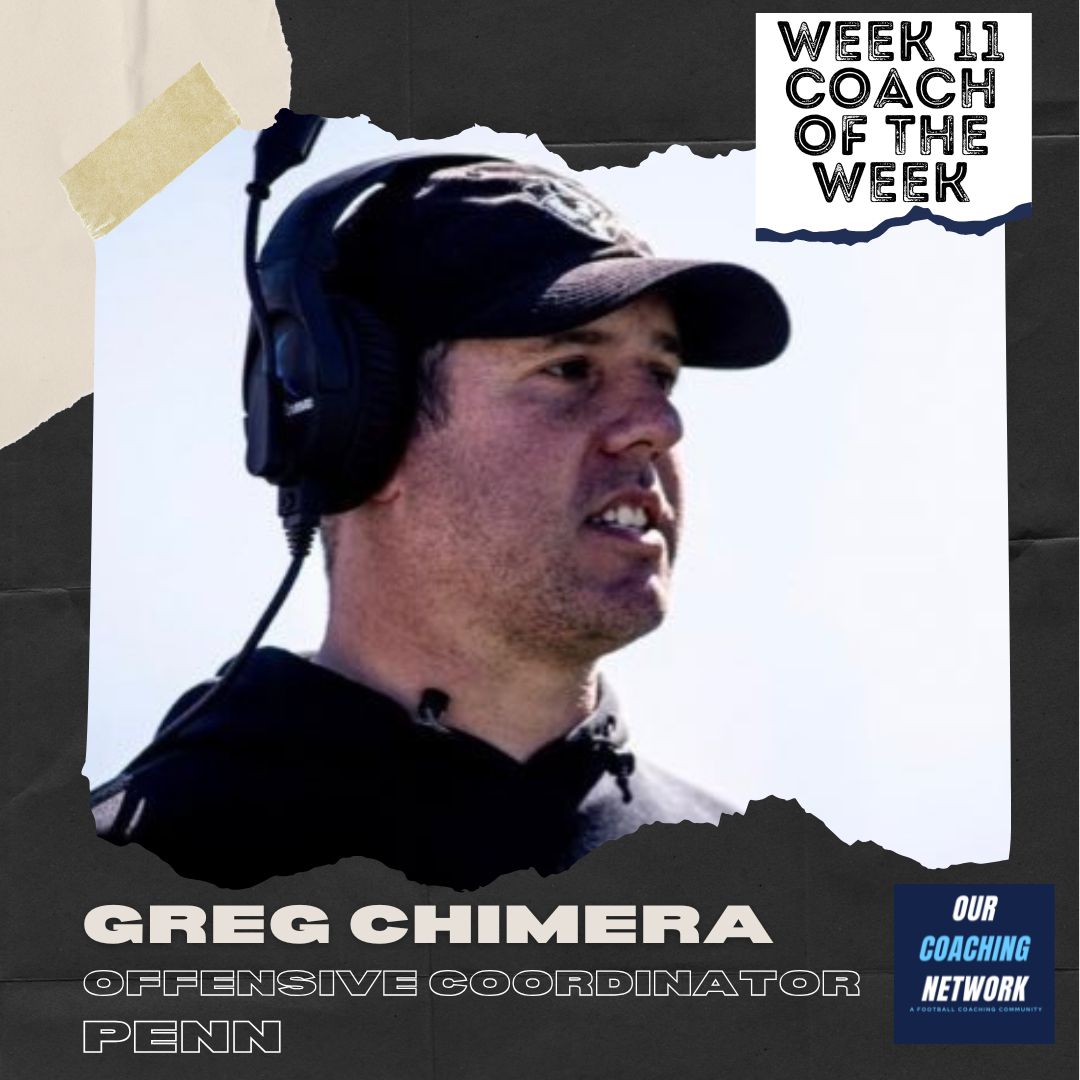 🏈Offensive Coordinator of the Week🏈

Following @Pennfb's 67-49 win against Cornell <a href="/Greg_Chimera/">Greg Chimera</a> is our FCS OC of the Week presented by <a href="/ourcitycoffee/">Our City Coffee</a>☕️

627 Total Yards, 6.2 Yards/Carry, &amp; 64% on 3rd Down👏

Coach of the Week🧵👇