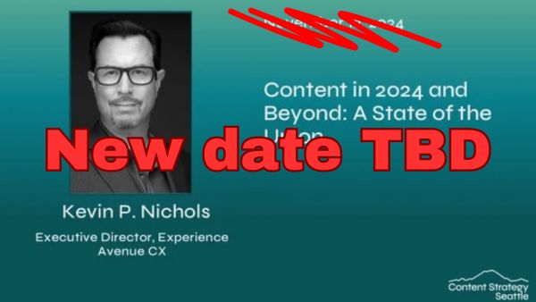 IMPORTANT UPDATE: Tonight's event with Kevin Nichols has been postponed to a later date. Keep an eye on our Meetup for updates: meetup.com/content-strate…