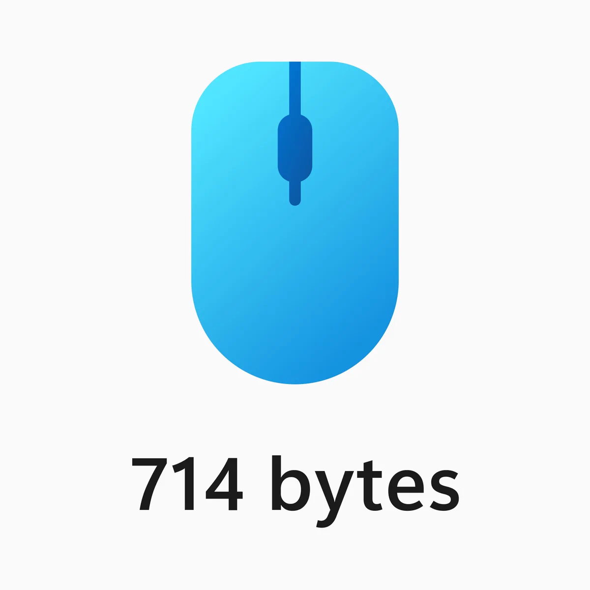 Image depicting the compressed version of the blue mouse Fluent Auto Clicker logo in the middle and text under it saying "714 bytes"
