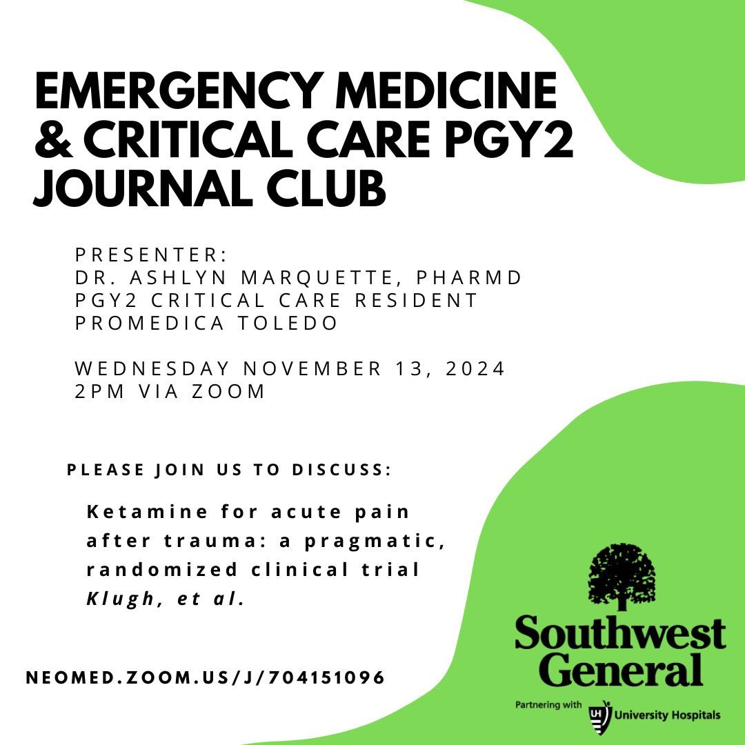 SWG_EMPharmRes's tweet photo. Join us tomorrow for our monthly journal club! Dr. Ashlyn Marquette will be presenting on Ketamine for acute pain after trauma: A pragmatic, randomized clinical trial by Klugh and colleagues. https://t.co/6roocPzHcd