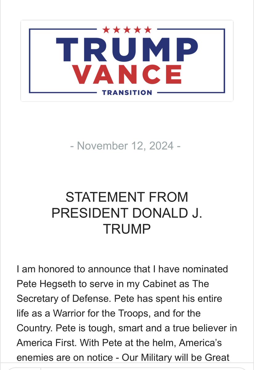 shadygrooove's tweet image. 🚨Pete Hegseth nominated Sec of Defense!! 

STATEMENT FROM PRESIDENT DONALD J. TRUMP

I am honored to announce that I have nominated Pete Hegseth to serve in my Cabinet as The Secretary of Defense. Pete has spent his entire life as a Warrior for the Troops, and for the Country.…