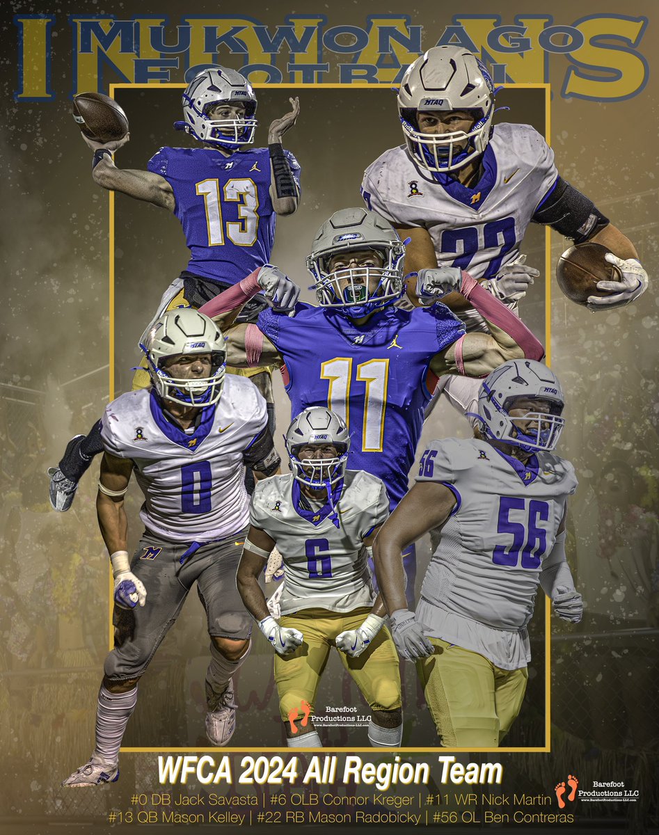Barefoot Productions (@barefootprodllc) on Twitter photo ๐จ WFCA ALL-REGION TEAM ANNOUNCED ๐จ
Congratulations to <a href="/MukFootball/">Mukwonago Football</a> WCFA 2024 All Region Team members!
DB Jack Savasta
OLB <a href="/ConnorKreger_26/">Connor Kreger</a>
WR Nick Martin
QB <a href="/MasonKelley_10/">Mason Kelley</a>
RB <a href="/MasonRadobicky/">Mason Radobicky</a>
OL Ben Contreras
Barefoot Productions Commemorative Posterโฆ. ๐จ WFCA ALL-REGION TEAM ANNOUNCED ๐จ
Congratulations to <a href="/MukFootball/">Mukwonago Football</a> WCFA 2024 All Region Team members!
DB Jack Savasta
OLB <a href="/ConnorKreger_26/">Connor Kreger</a>
WR Nick Martin
QB <a href="/MasonKelley_10/">Mason Kelley</a>
RB <a href="/MasonRadobicky/">Mason Radobicky</a>
OL Ben Contreras
Barefoot Productions Commemorative Posterโฆ.