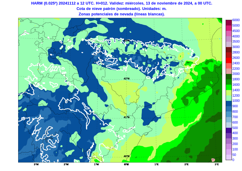 AEMET_Aragon's tweet photo. La #cotadenieve se ha situado en torno a 1000 m a medianoche de este 13/11/24 (zonas azul oscuro). Esta madrugada puede nevar ❄️algo en #Pirineos y #Teruel , pero 24 h después, a media noche del jueves 14 se sitúa por encima de 2000 m en todo el territorio
https://t.co/3EpmLkbdA1 https://t.co/ZUptABUa6b