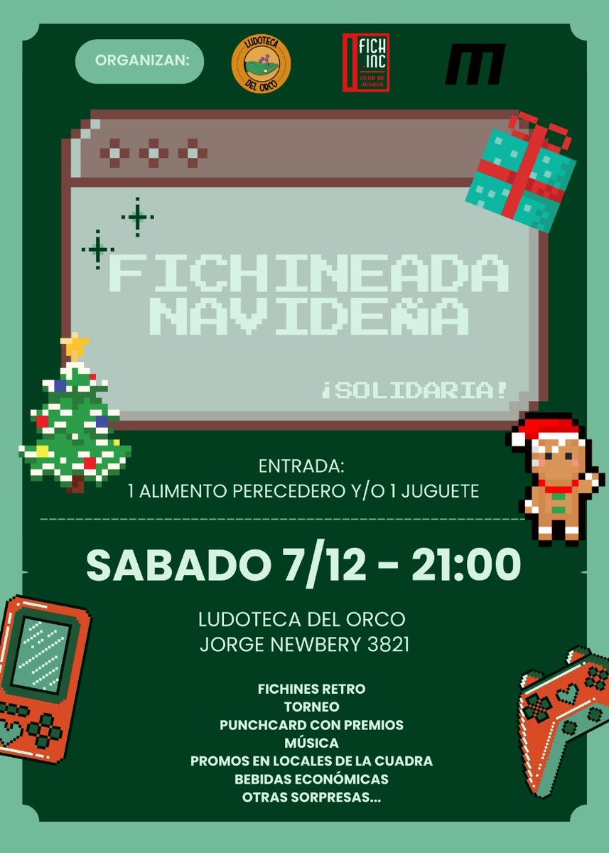 🎄¡Llegó el evento solidario de fin de año que estabas esperando!🎁

👾Nuevamente sumamos esfuerzos entre Fichinc, Ludoteca del Orco y <a href="/RevistaMecha/">RevistaMecha</a> para que disfrutes una noche de jueguitos, música, bebidas, torneo, premios y un buen momento con tus amistades!+