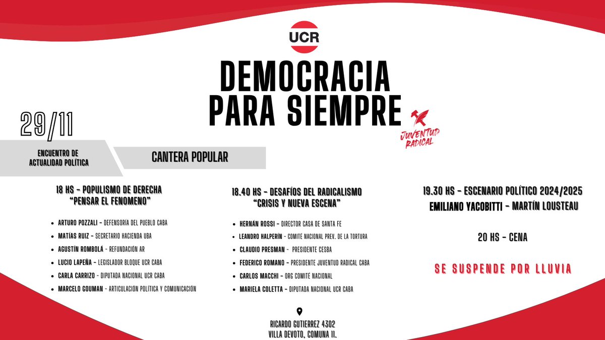 Encuentro de actualidad política: 

🇵🇱DEMOCRACIA PARA SIEMPRE🇵🇱

📆 29/11
🕣 18 h
📍 Ricardo Gutierrez 4302 - Villa Devoto - COMUNA 11.
🌧️ Se suspende por lluvia.