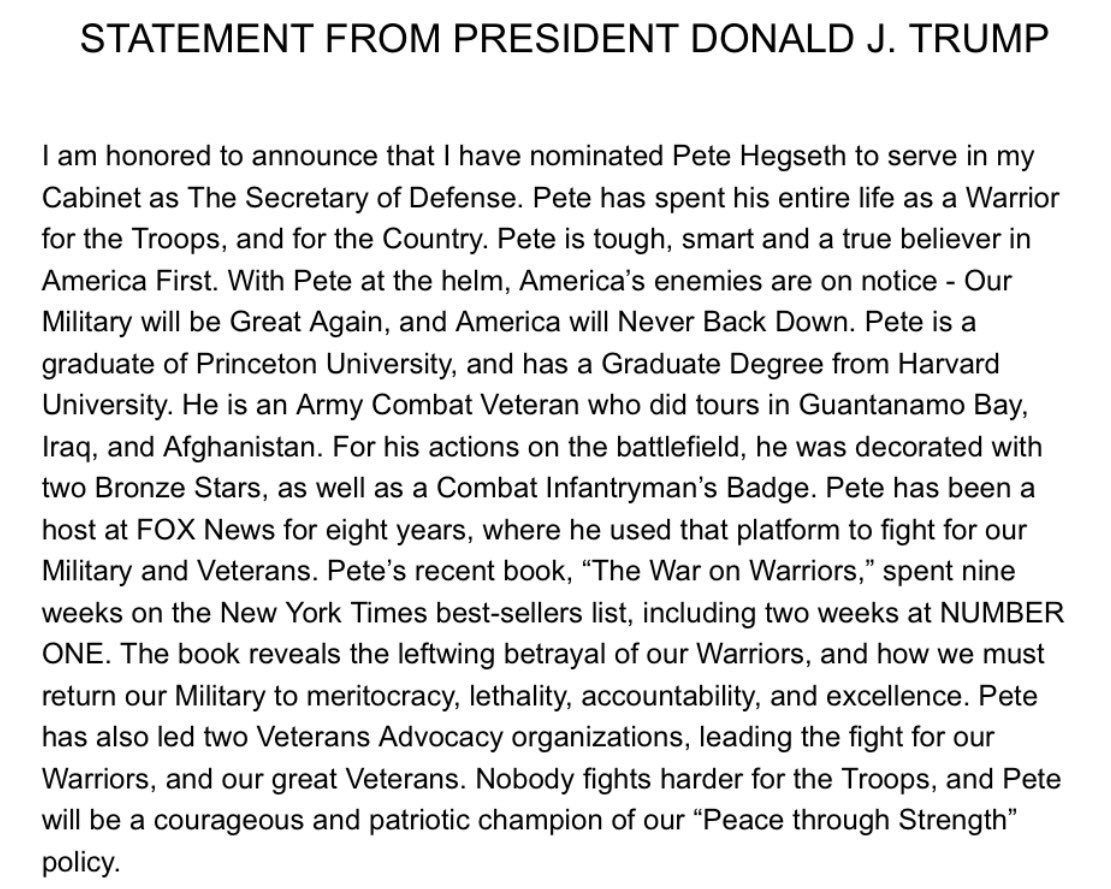 TrumpWarRoom's tweet photo. 🚨 President Donald J. Trump announces @PeteHegseth as Secretary of Defense https://t.co/wAvhXse1Sk