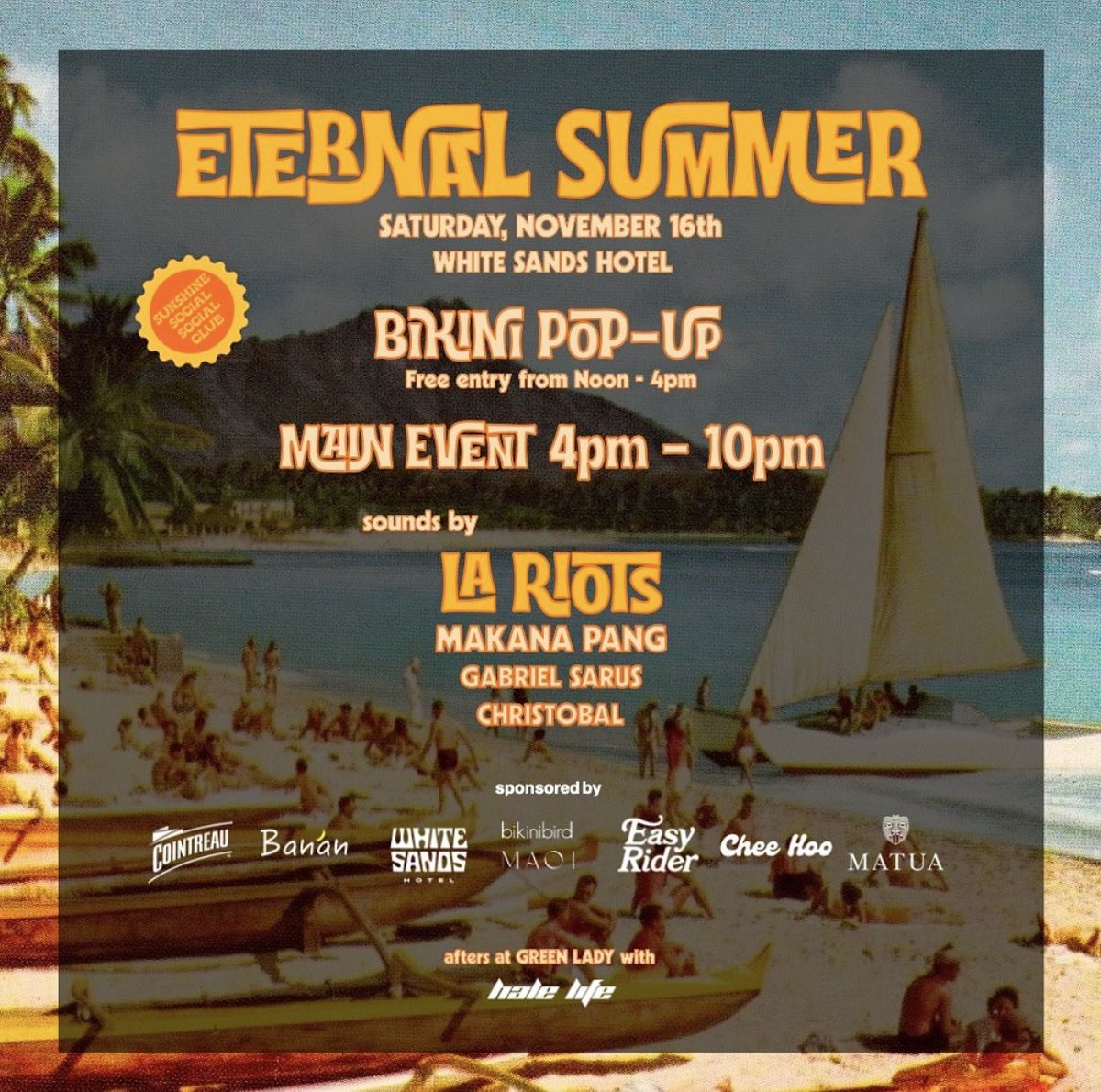 Stoked to check out the External Summer event this Saturday, November 16th #whitesandshotel with tunes by <a href="/LARiots/">LA Riots</a>, #m_pang and more. Then after party with #thehalelife crew at the #GreenLady! #Aloha 🌴🌊✨