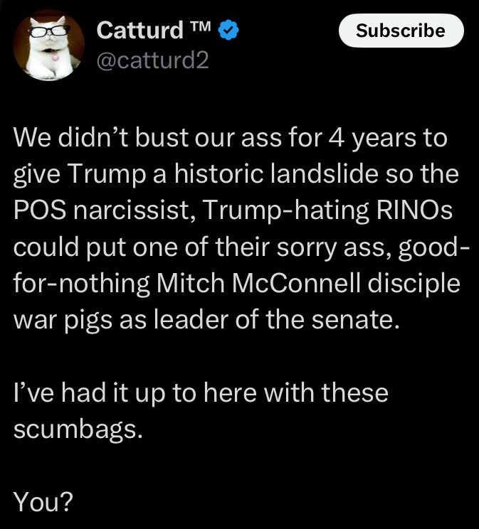 ReconDoc69's tweet photo. Critical, American-Saving decisions are facing you, every Congressional Republican. Don't allow the RINO's to nullify Trump’s historic victory and mandate. Vote for Leadership that only supports Trump’s agenda. https://t.co/h9UQ0pstZt