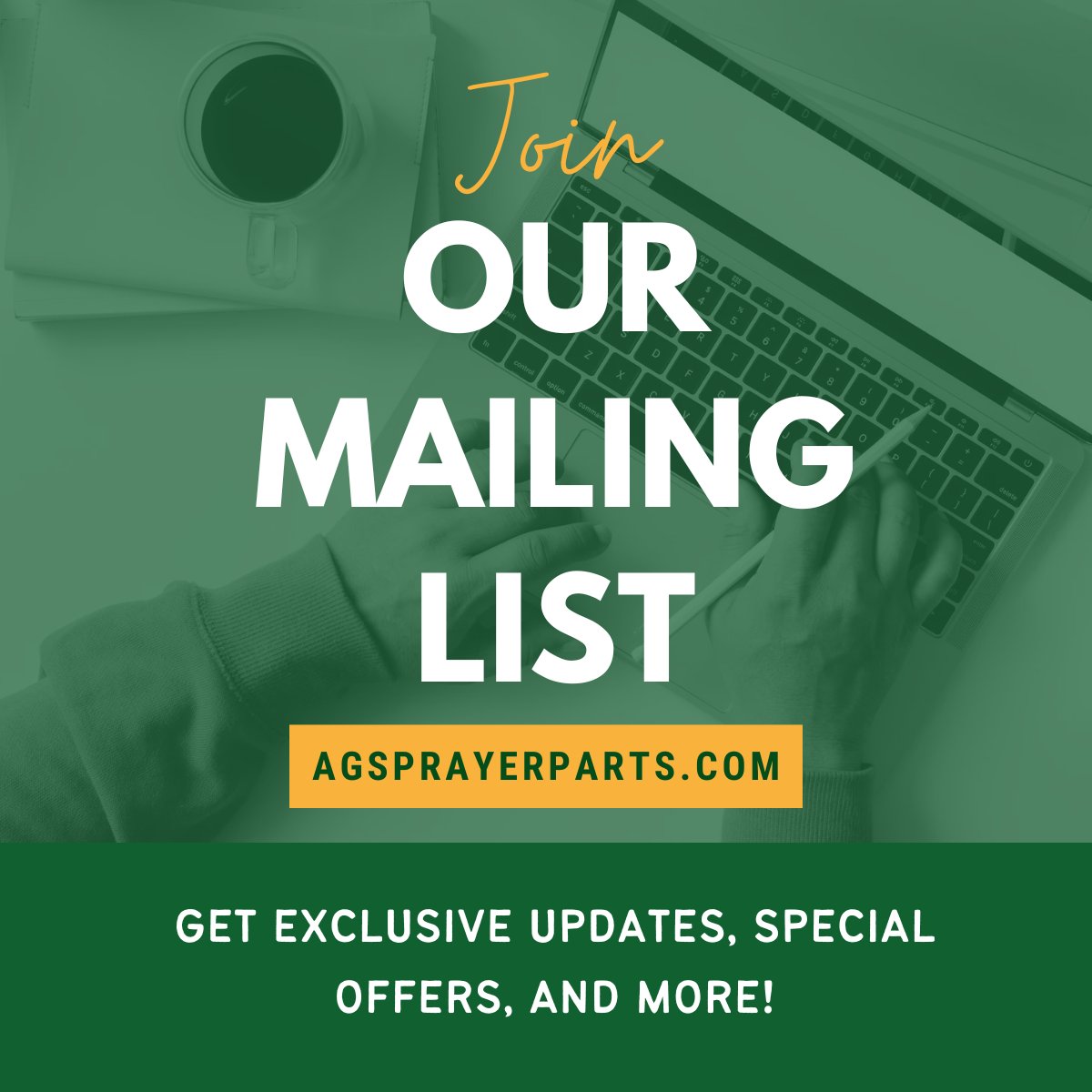 Stay in the loop with all things Sprayer Specialties! Big things are coming, and the best way to stay informed? Join our mailing list!

Get exclusive updates, special offers, and more—all straight to your inbox. Don’t miss out! Sign up now here: ow.ly/qFWI50U5KTq