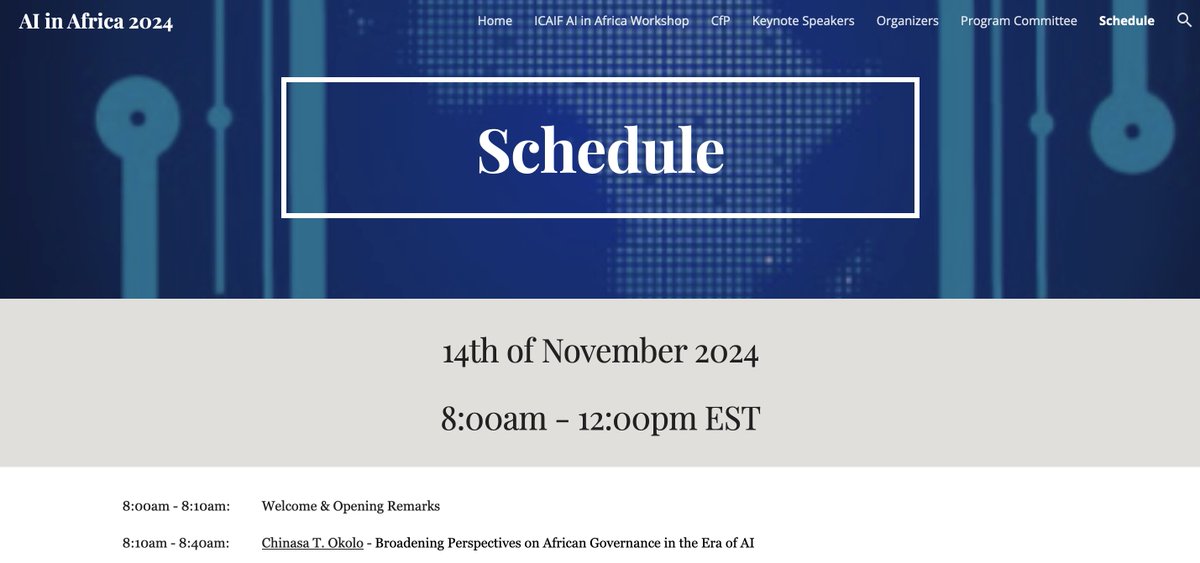ChinasaTOkolo's tweet photo. I look forward to presenting the opening talk at the 5th annual AI in Africa workshop hosted within the ACM International Conference on Artificial Intelligence in Finance #ICAIF!
Date: Thursday, November 14th
Time: 8 AM - 12 PM ET
Registration: https://t.co/nXNyrnaUzg https://t.co/f6Jr8rrisr