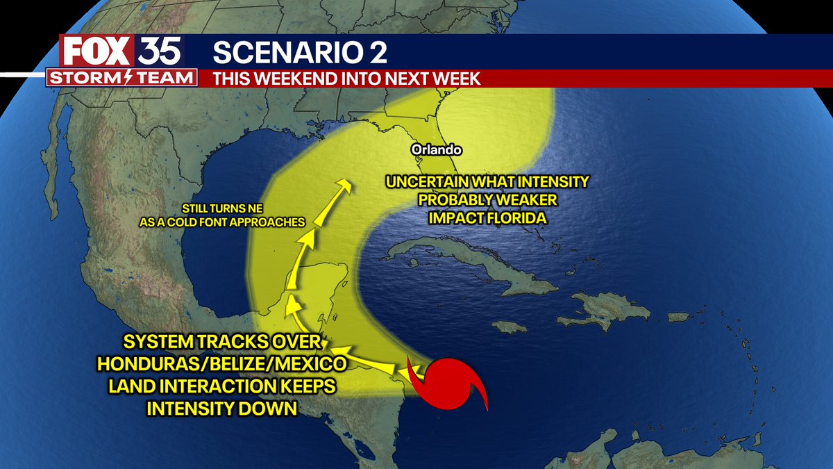NbergWX's tweet photo. SARA SCENARIOS: Door #1 could likely become a high-end hurricane when in the Caribbean if avoids land interaction. Meanders some this weekend then lifts towards the FL Peninsula mid-next week. Could be be central or north-central FL? I guess, but that would be unprecedented. I'd lean more south FL/Keys in this scenario but both would be possible where the center could go. Very much to some degree a Wilma-y 2005 vibe if panned out possibly.

Highlighted area in each scenario indicates where the center could go in that outcome.

Door #2 very much a weaker, further west track with the storm going into/over/through land in Central America and/or Mexico. Keeps it sloppier/weaker but still may manage to emerge in the Gulf, then get hooked into the FL Peninsula at some point also mid-next week.

Want to stress there is a long way to go, but the chance of a direct tropical impact somewhere in Florida is growing slowly for next week. Details are still far too uncertain. Stressing to continue to watch without worry... but be aware of this potential. Also if you have a cruise/vaca to Mexico/FL Keys/Bahamas next week, you definitely need to keep close tabs with how this evolves.

Both scenarios tonight are equally as possible. There are many models within both camps.